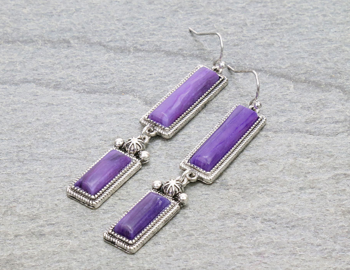 Western Hand Craft Stone Rectangle Dangle Earrings