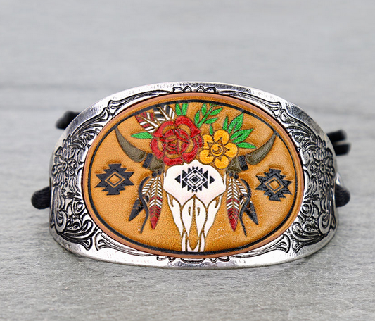 Western Steer Skull Tooled Leather Metal Adjustable Bracelet