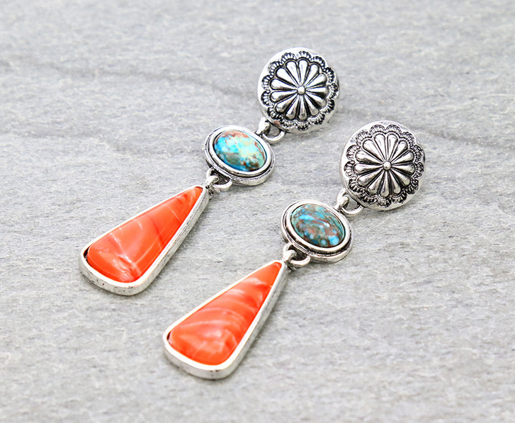 Western Hand Craft Stone with Concho Stud Earrings