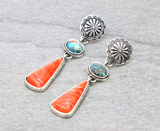 Western Hand Craft Stone with Concho Stud Earrings