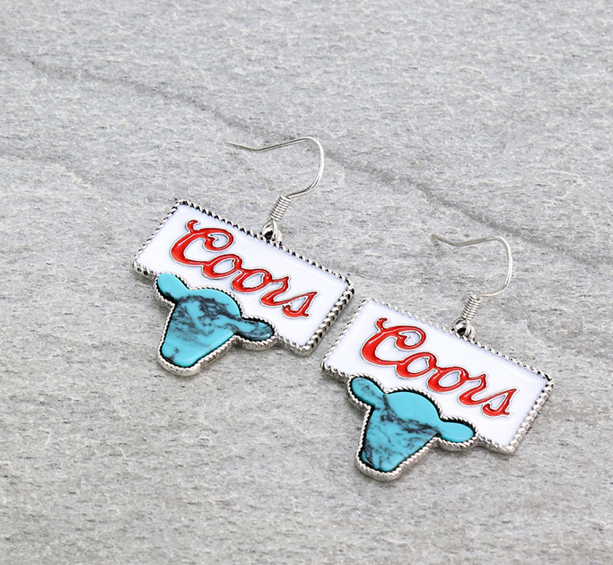 Epoxy Beer Logo with Cow Head Dangle Earrings