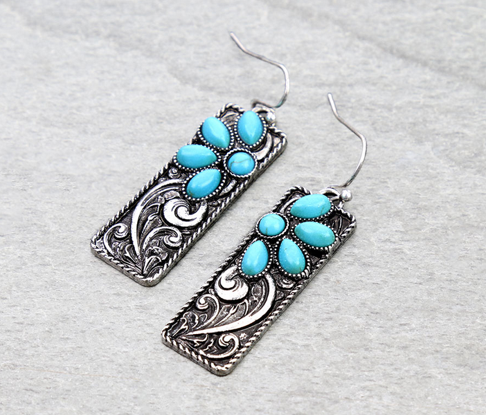 Western Filigree Rectangle with Stone Dangle Earrings