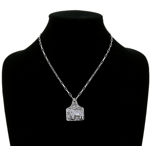 Western Cow Etched Ear Tag Necklace