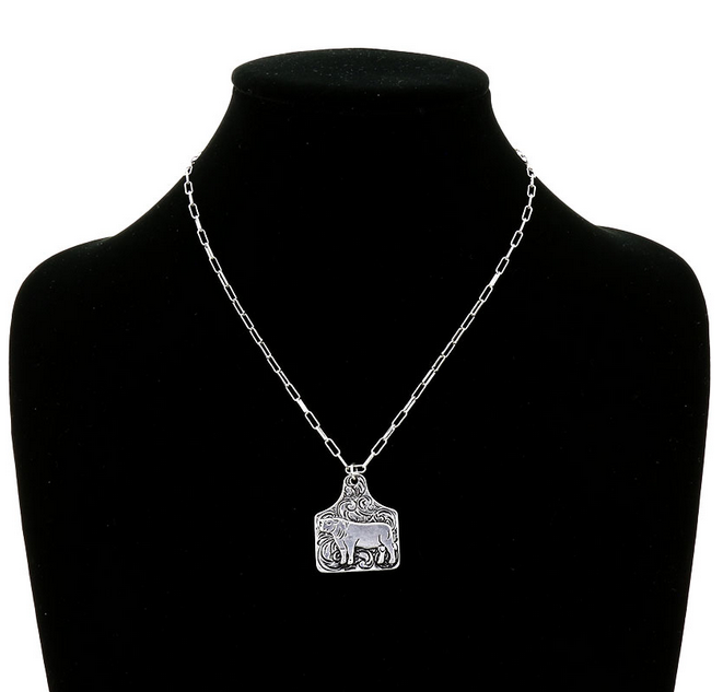 Western Cow Etched Ear Tag Necklace