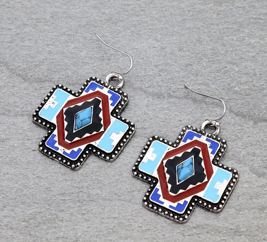 Western Aztec Cross Enamel Dangle Earrings