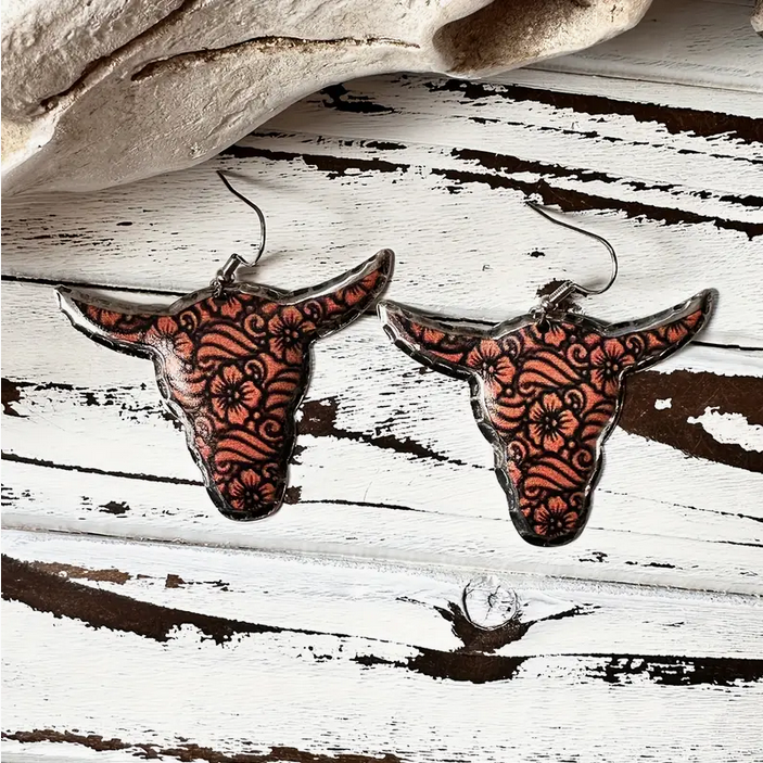 Tooled Leather Print Steer Head Earrings