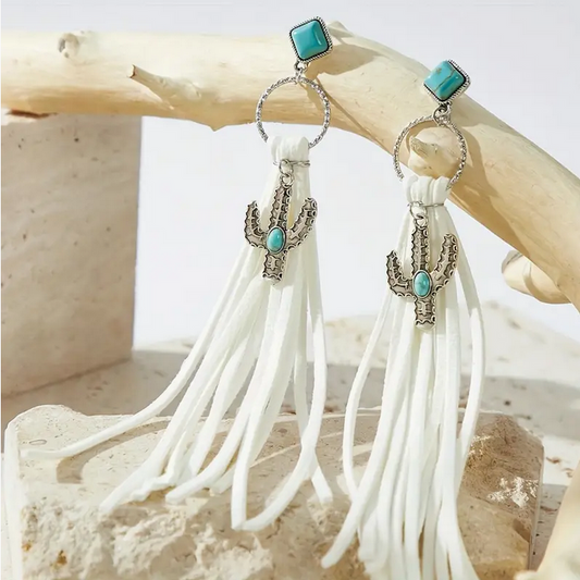 White Fringe Cactus Earrings