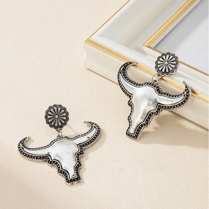 Silver Steer Head Earrings