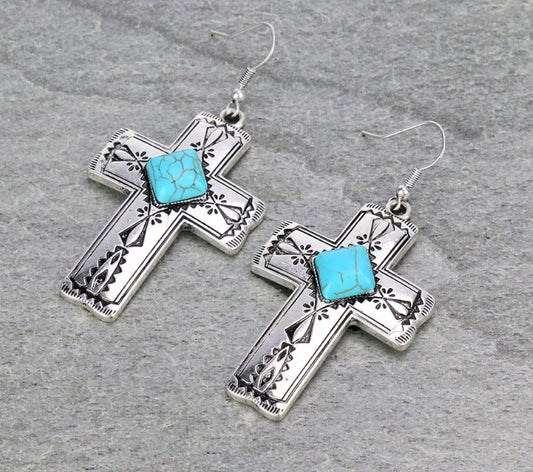 Western Cross Stone Dangle Earrings