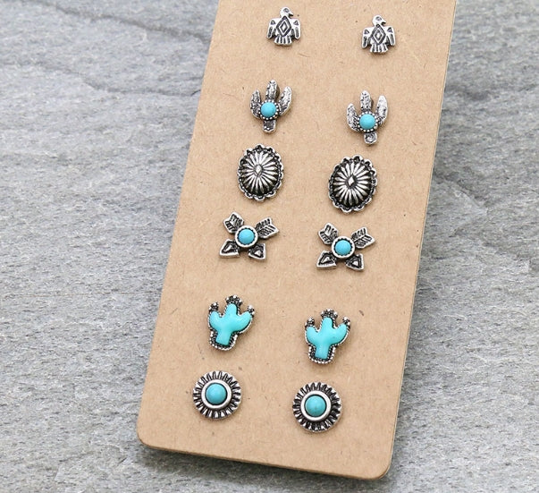 6 Pair Dainty Western Stud Earring Set