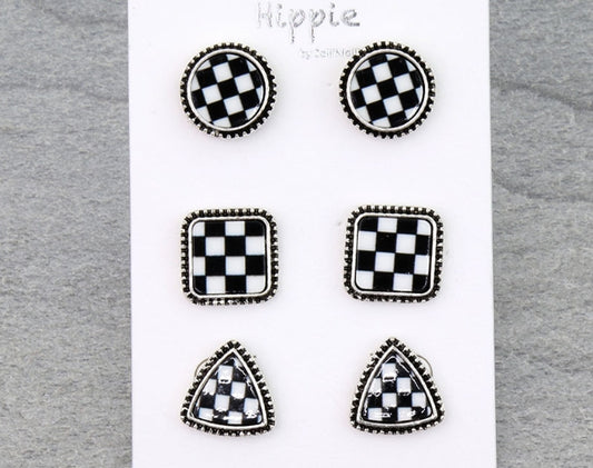 3 Pair Checker Pattern Shape Earring Set