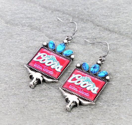 Western Beer Logo Print Steer Skull Dangle Earrings