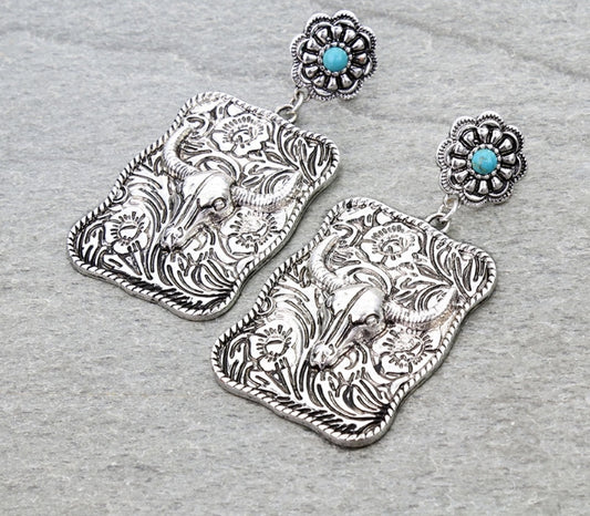 Western Steer Skull Plate Stud Earrings