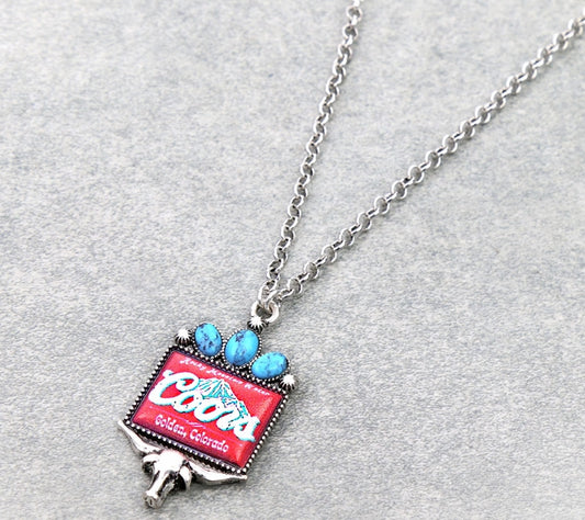 Western Beer Logo Print Steer Skull Pendant Necklace