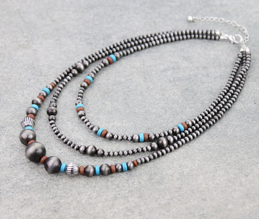 3 Layered Navajo Style Pearl & Bead Necklace