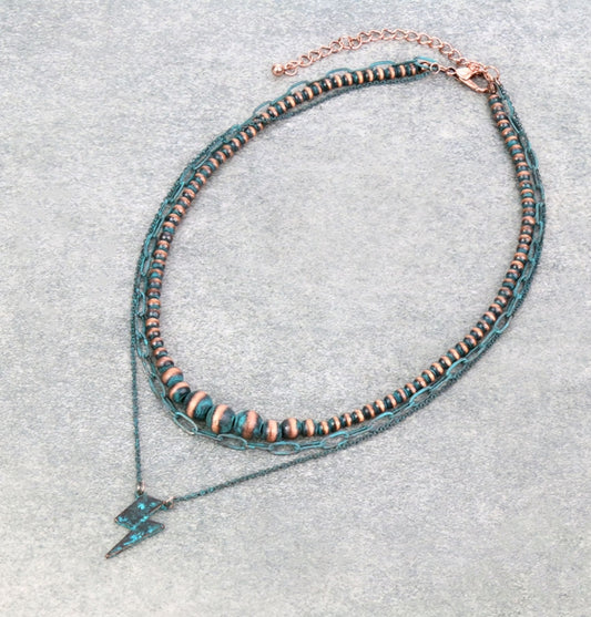 3Row Navajo Style Pearl and Chain with Thunder Pendant Necklace