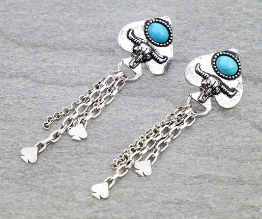 Spade Steer Skull Chain Stud Earrings