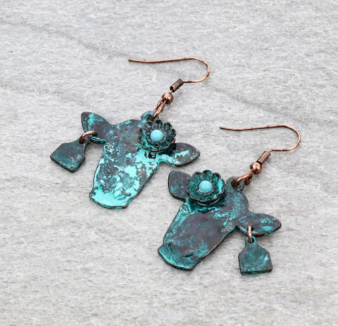 Western Flower Cow Head Dangle Earrings