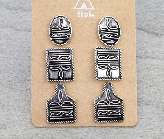 3 Pair Western Boot Stitch Earring Set