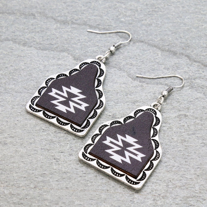 Western Aztec Pattern Wood Cattle Tag Dangle Earrings