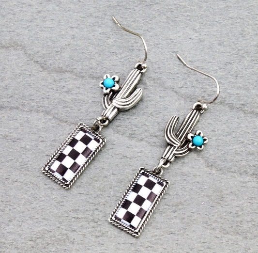 Checker Pattern Bar with Cactus Dangle Earrings