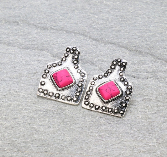 1.25″ Western Ear Tag with Stone Stud Earrings