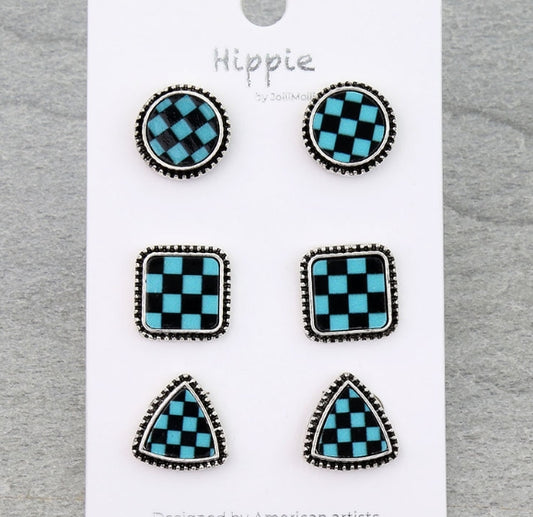 3 Pair Checker Pattern Shape Earring Set