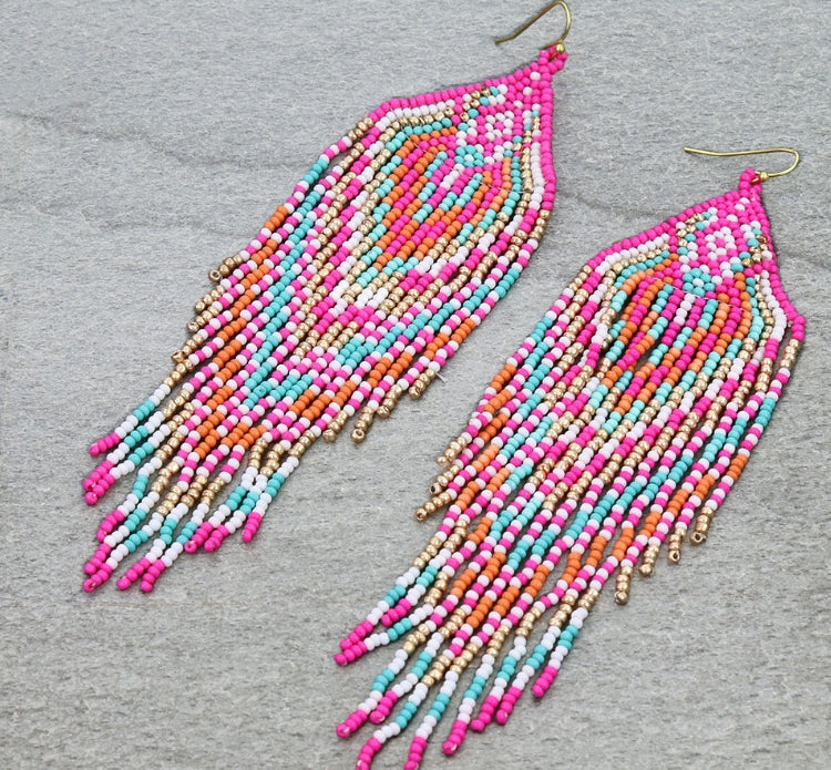 5.25″ Western Seed Bead Fringe Dangle Earrings