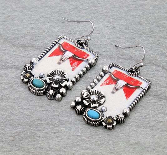 Western Steer Skull Print Dangle Earrings
