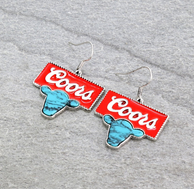 Epoxy Beer Logo with Cow Head Dangle Earrings