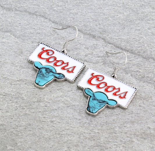 Epoxy Beer Logo with Cow Head Dangle Earrings