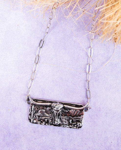 Silvertone Lubbock Longhorn Necklace