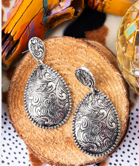 Horizon Hill Scroll Teardrop Silvertone Earrings