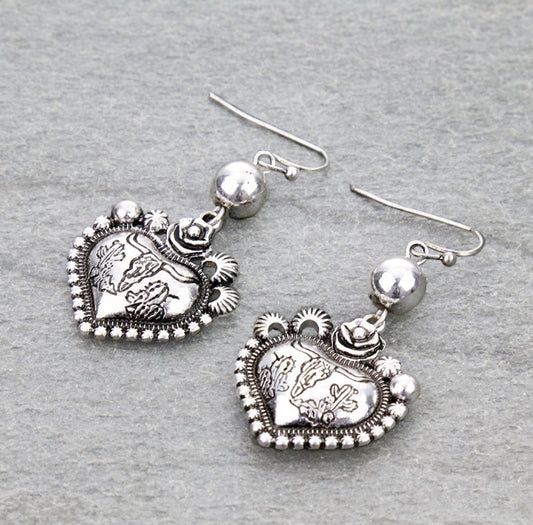 Western Ball TXR Steer Skull Heart Dangle Earrings