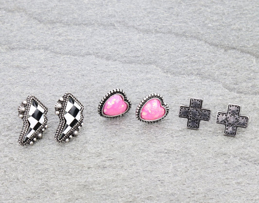 3 Pair Checkerboard Opal Earring Set