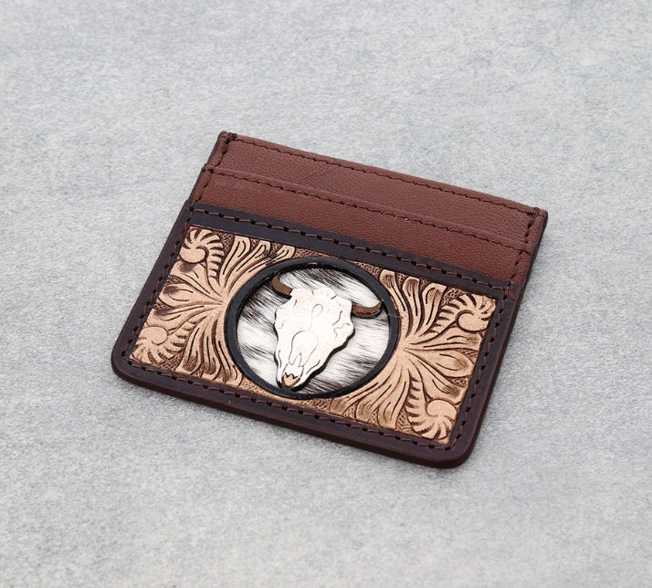 Western Tooled Leather Card Holder – Steer Skull