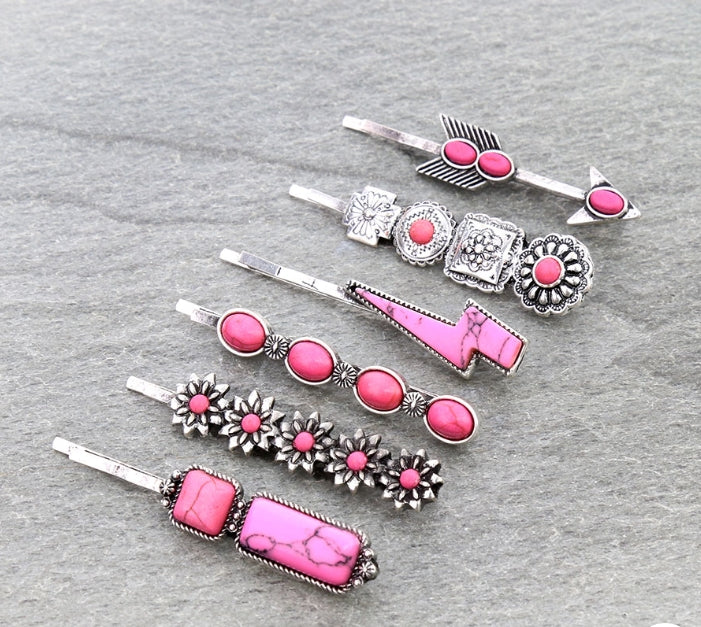 Western Design Stone Bobby Pins Set of 6