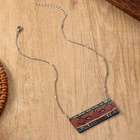 Aztec Pattern Leather Bar Chain Necklace