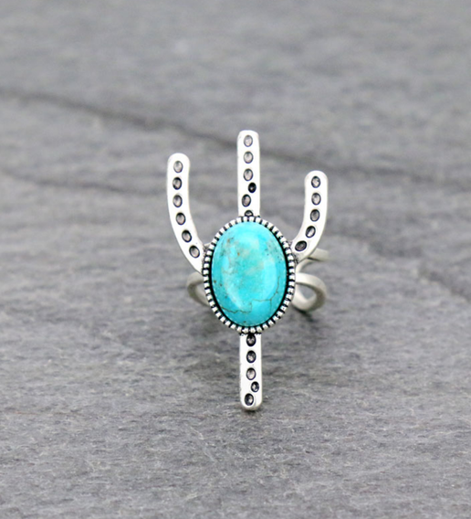 Cactus Natural Stone Adjustable Ring with Double Band