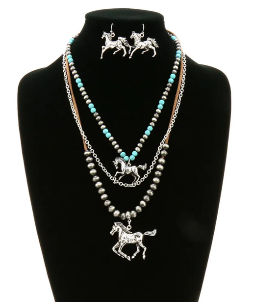 Western Multi Layered with Running Horse Pendant Necklace Set