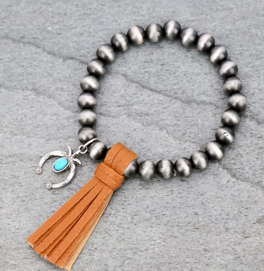 Navajo Style Pearl with Squash Blossom Pendant Tassel Stretch Bracelet