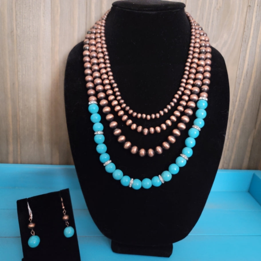 18" Multi Strand Navajo Style Pearl with Turquoise Necklace