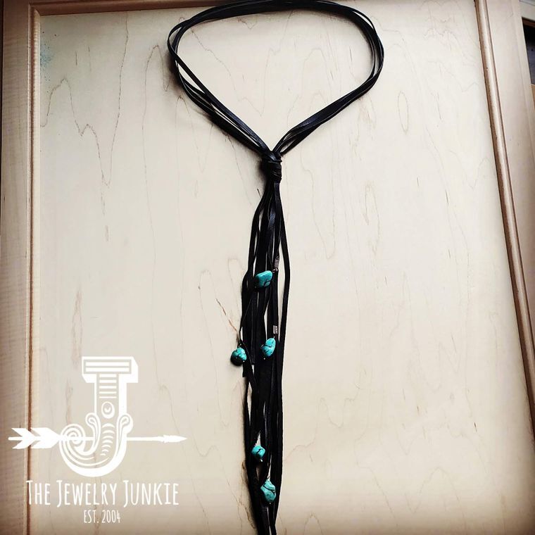 Black Leather Lasso Necklace with Turquoise Accents
