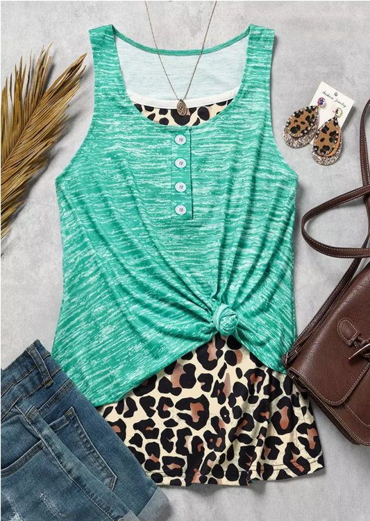 Leopard Twist Turquoise Tank Top