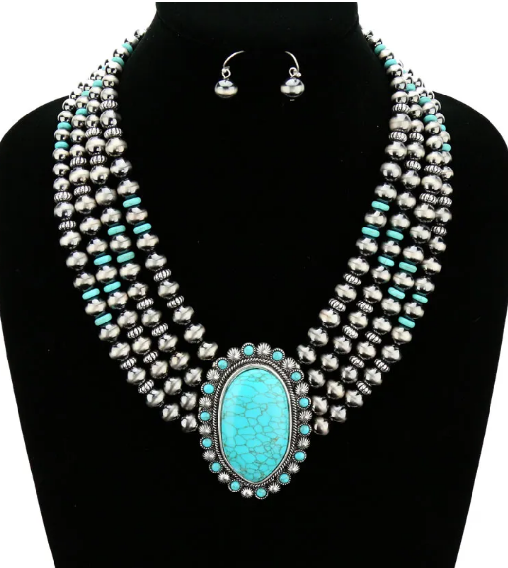 Navajo Style Pearl with Stone Layered Necklace Set