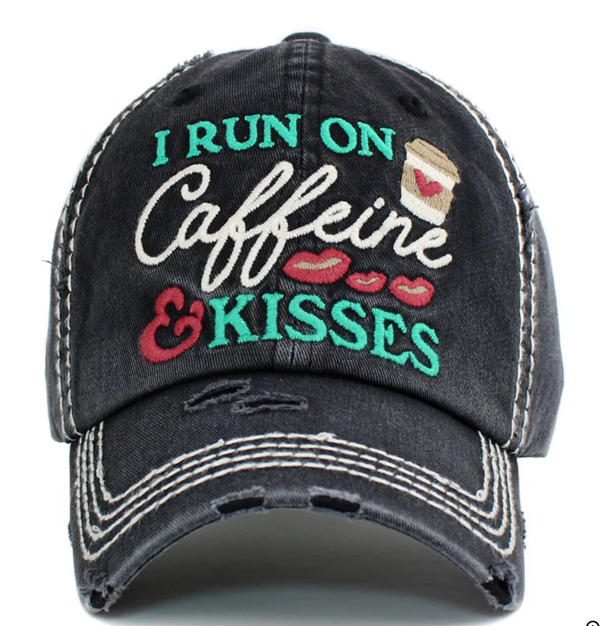 “I Run On Caffeine & Kisses” Washed Vintage Ballcap