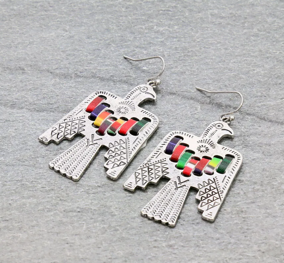 Metal Thunderbird with Synthetic Leather Dangle Earrings