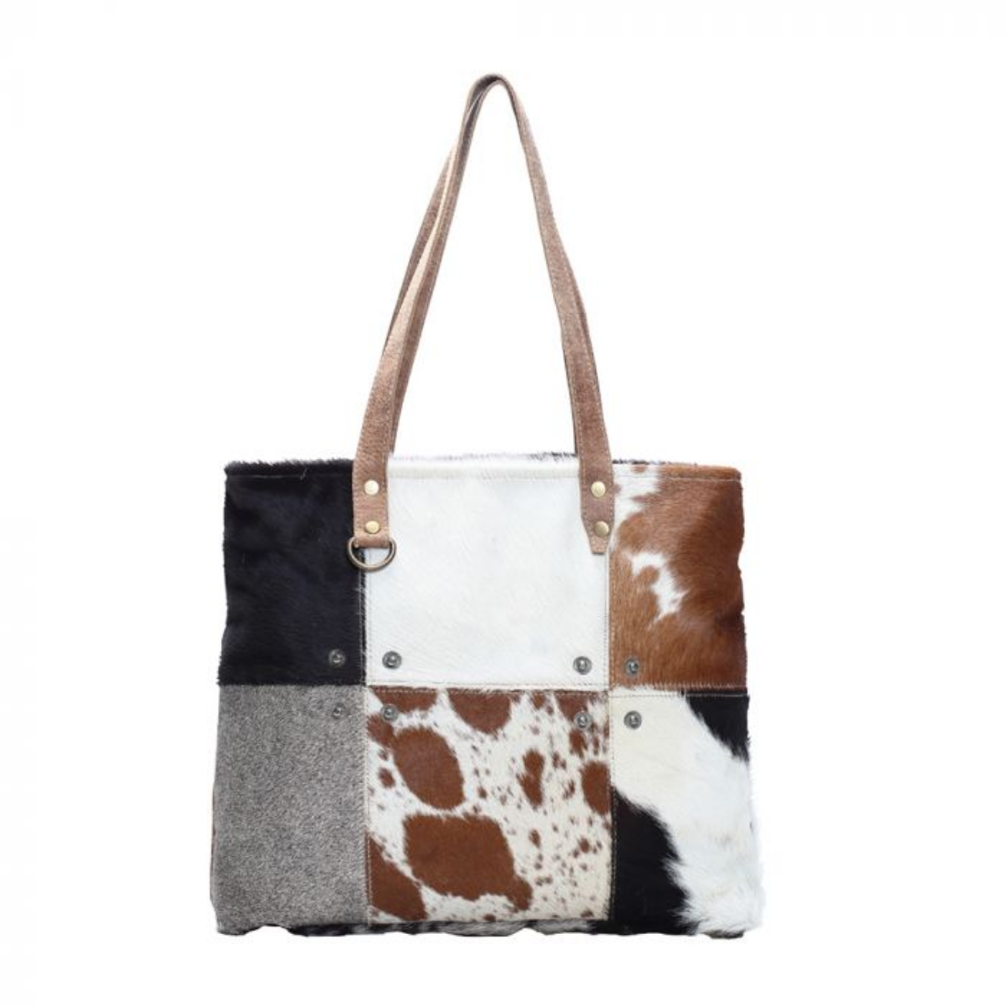 Multi Patch Cowhide Tote Bag