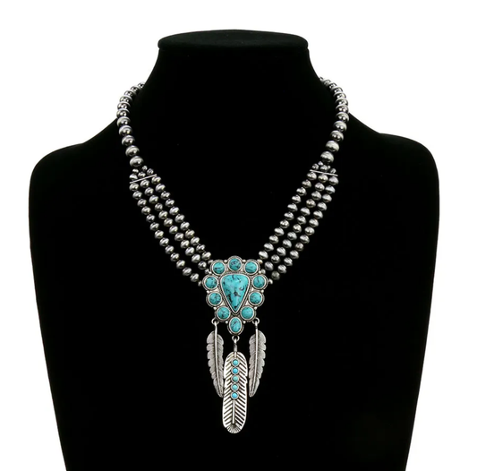 Navajo Style Pearl with Stone & Feather Necklace