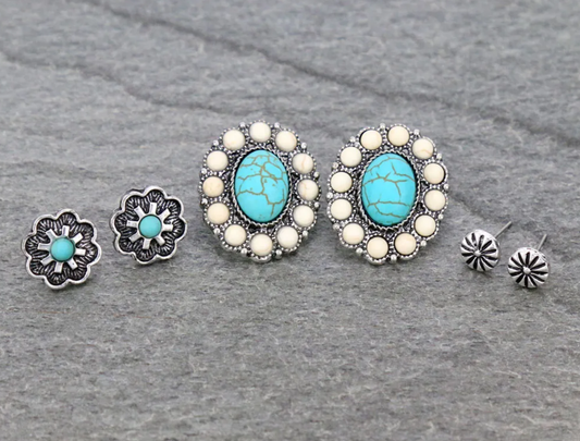 3 Pair Western Stone Earring Set